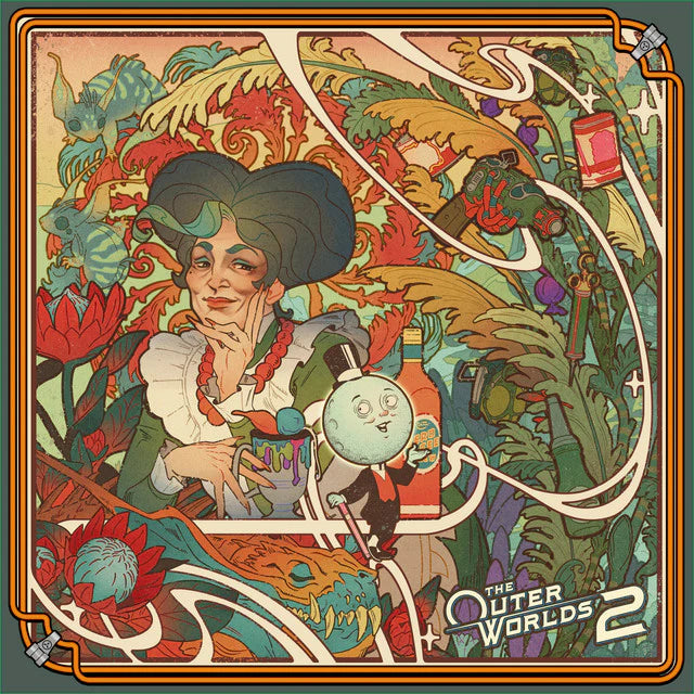 Colorful artwork with a character and fantastical elements, featuring 'The Outer Worlds 2' logo.