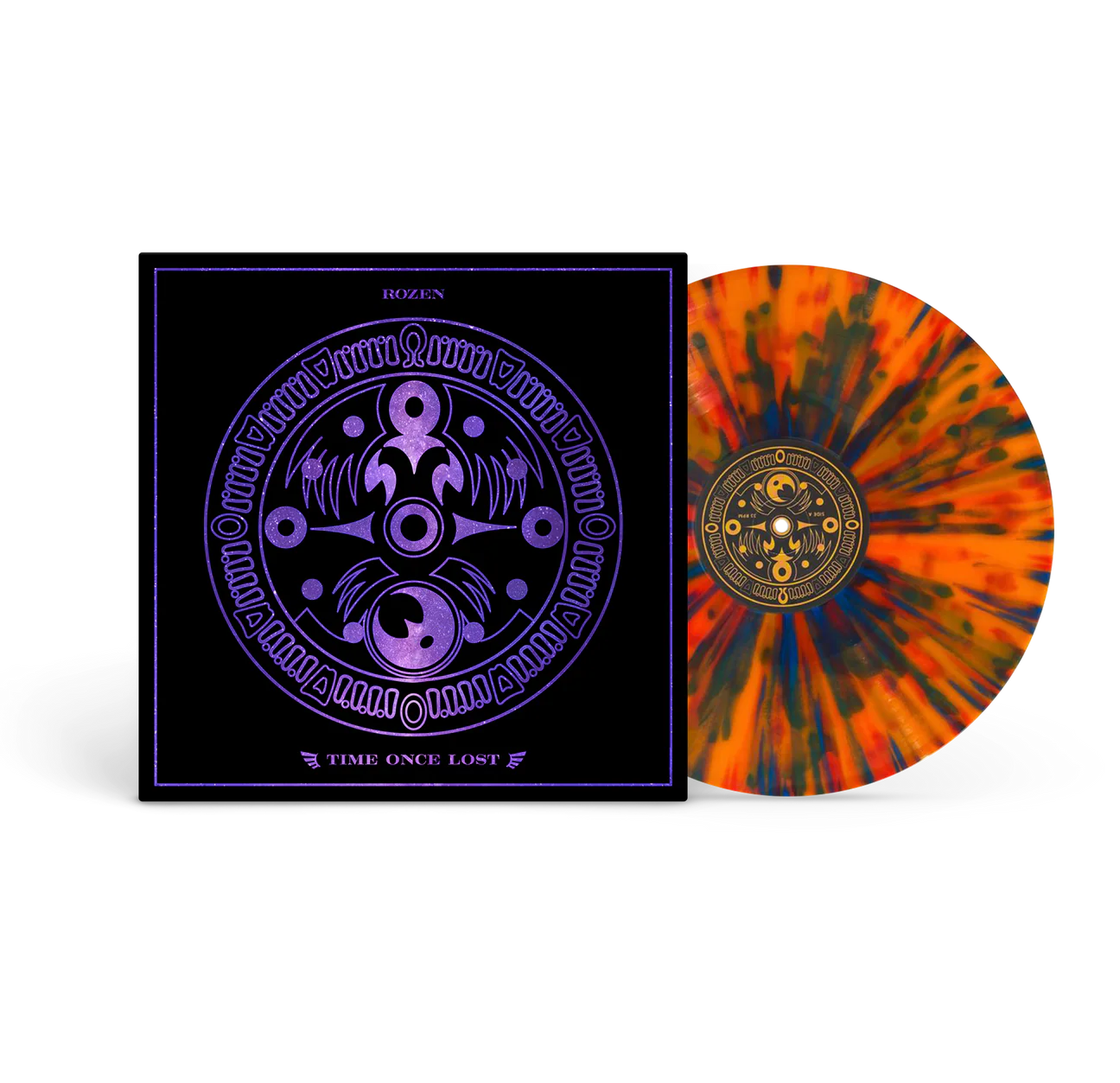 Vinyl record with a colorful swirl design and matching cover on a white background