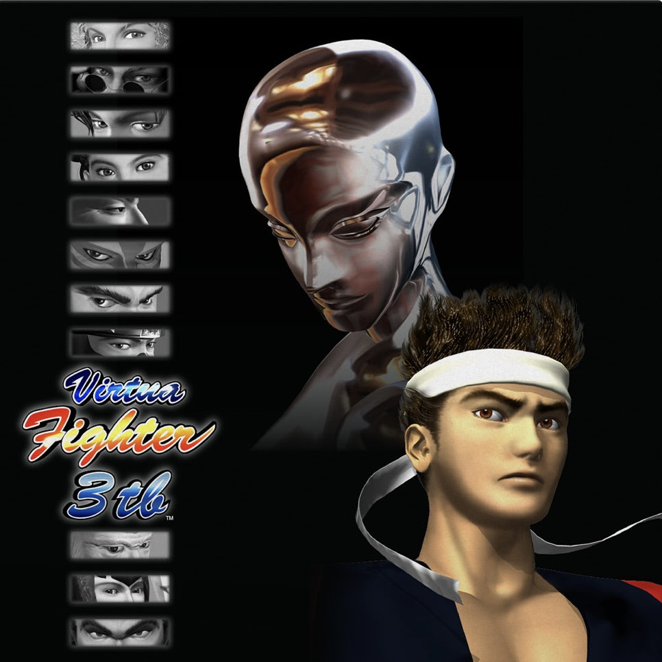 Promotional image for 'Virtua Fighter 3th' with character design and facial expressions on a black background.