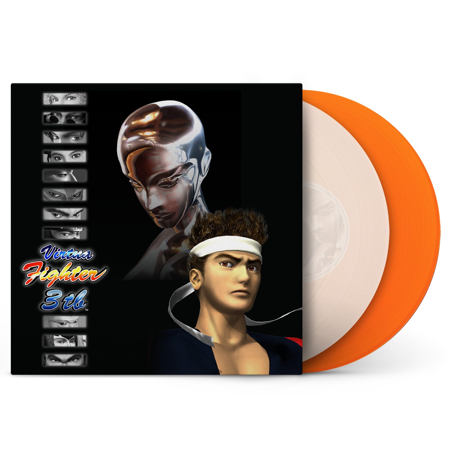 Vinyl record with a cover featuring a character from a video game, on a white background.