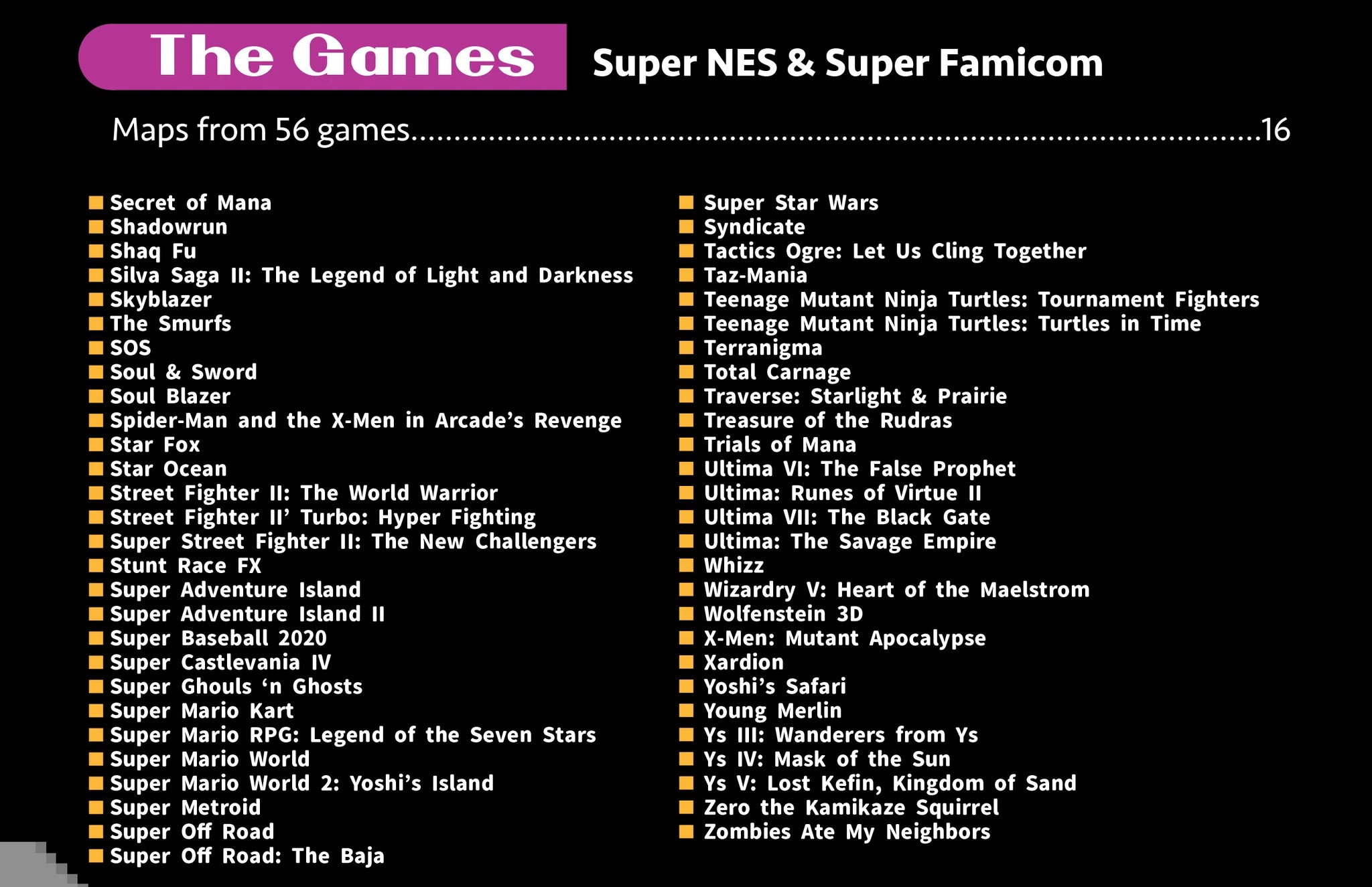 List of games mapped from Super NES and Super Famicom consoles on a black background with white text.