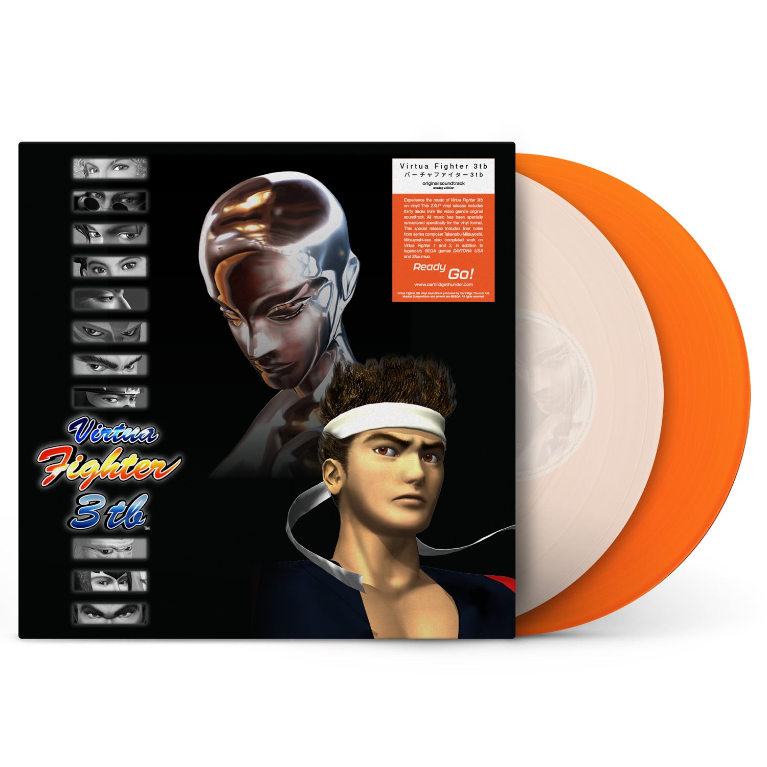 Vinyl record with a stylized cover featuring a character from a video game, on an orange and white background.