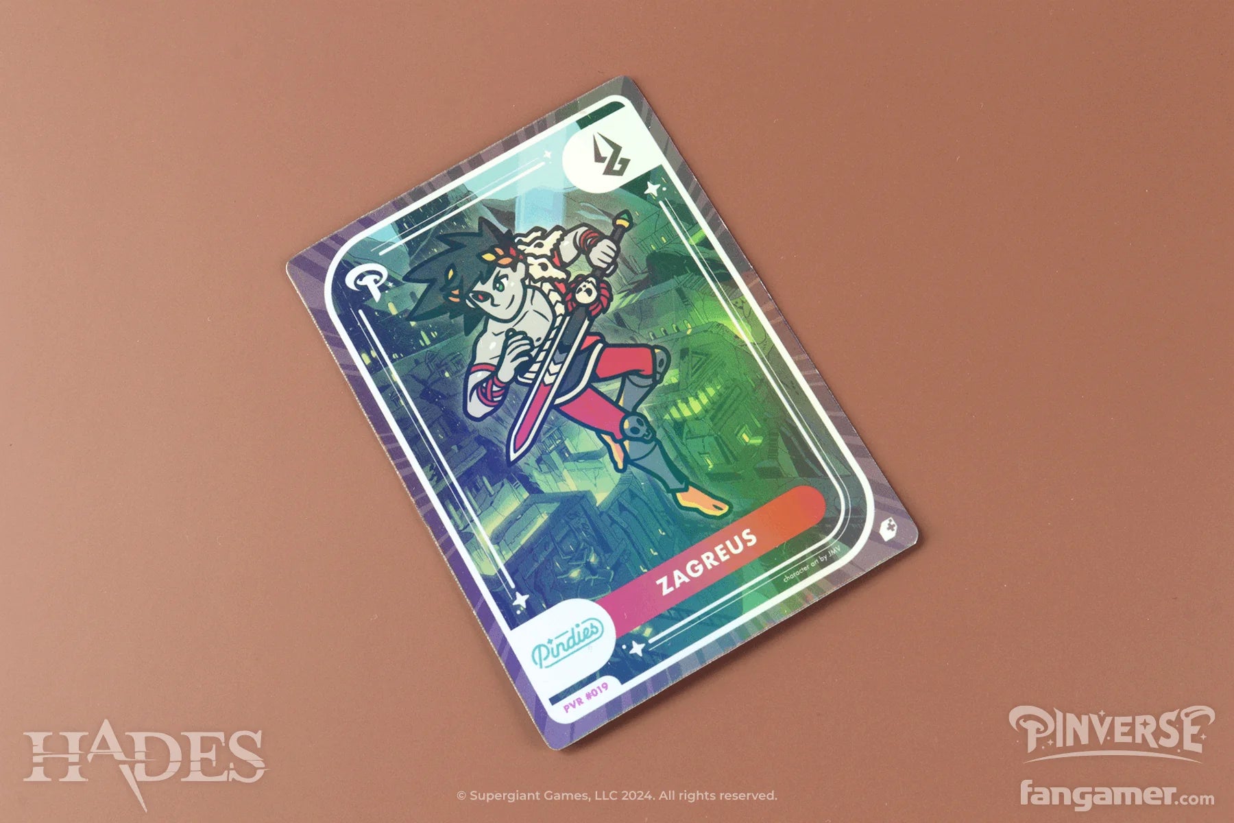 Card featuring a character named Zagreus on a brown background with 'Hades' and 'Pinyverse' branding.