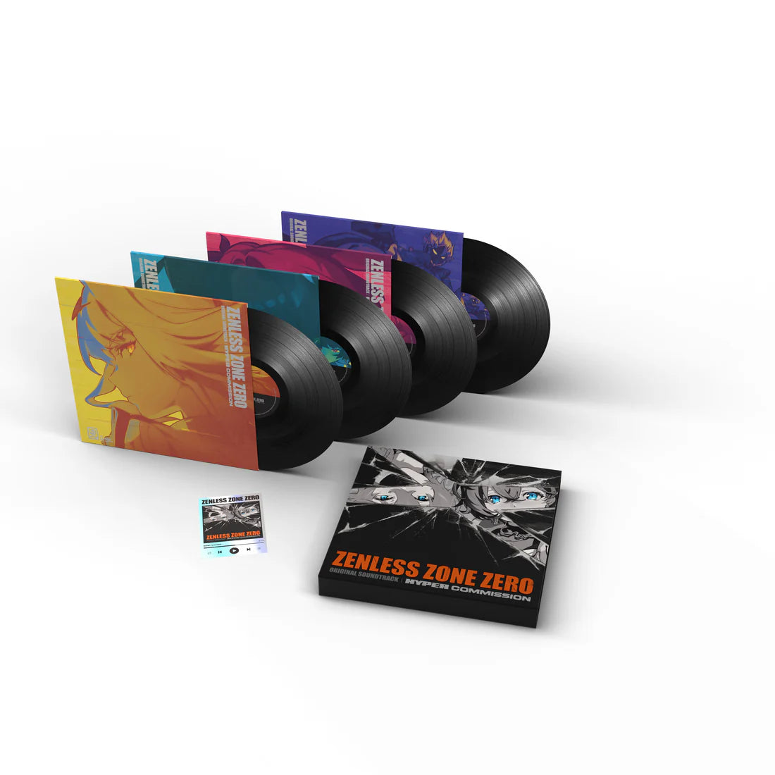 Vinyl records with colorful covers and a box set on a white background