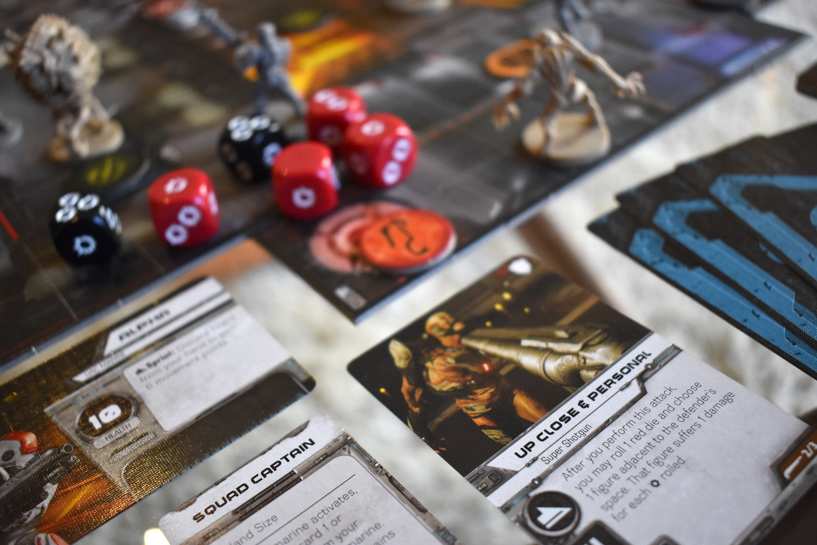 Doom board game during play cards and dice