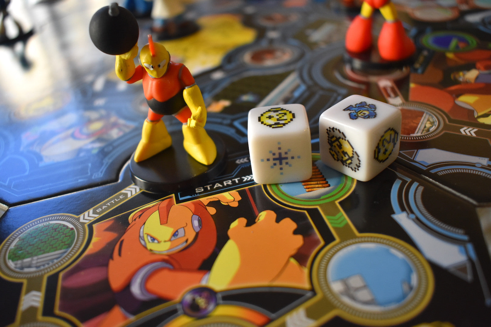 Bomb Man standing on game board with dice