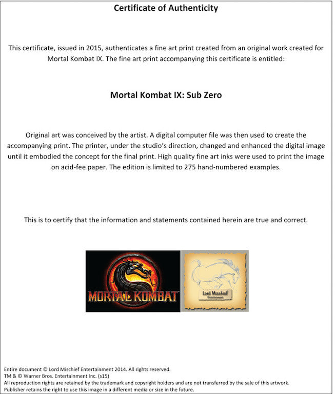 Mortal Kombat IX Art Certificate of Authenticity
