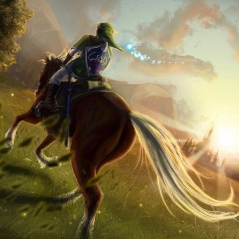 Link riding Epona across Hyrule Fields